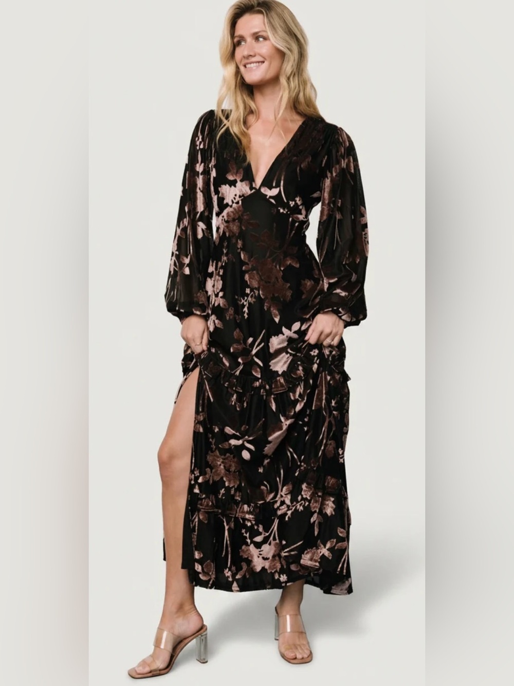 Baltic Born Liana Black Velvet Floral Maxi / Bronze Accents - New Never Worn XL